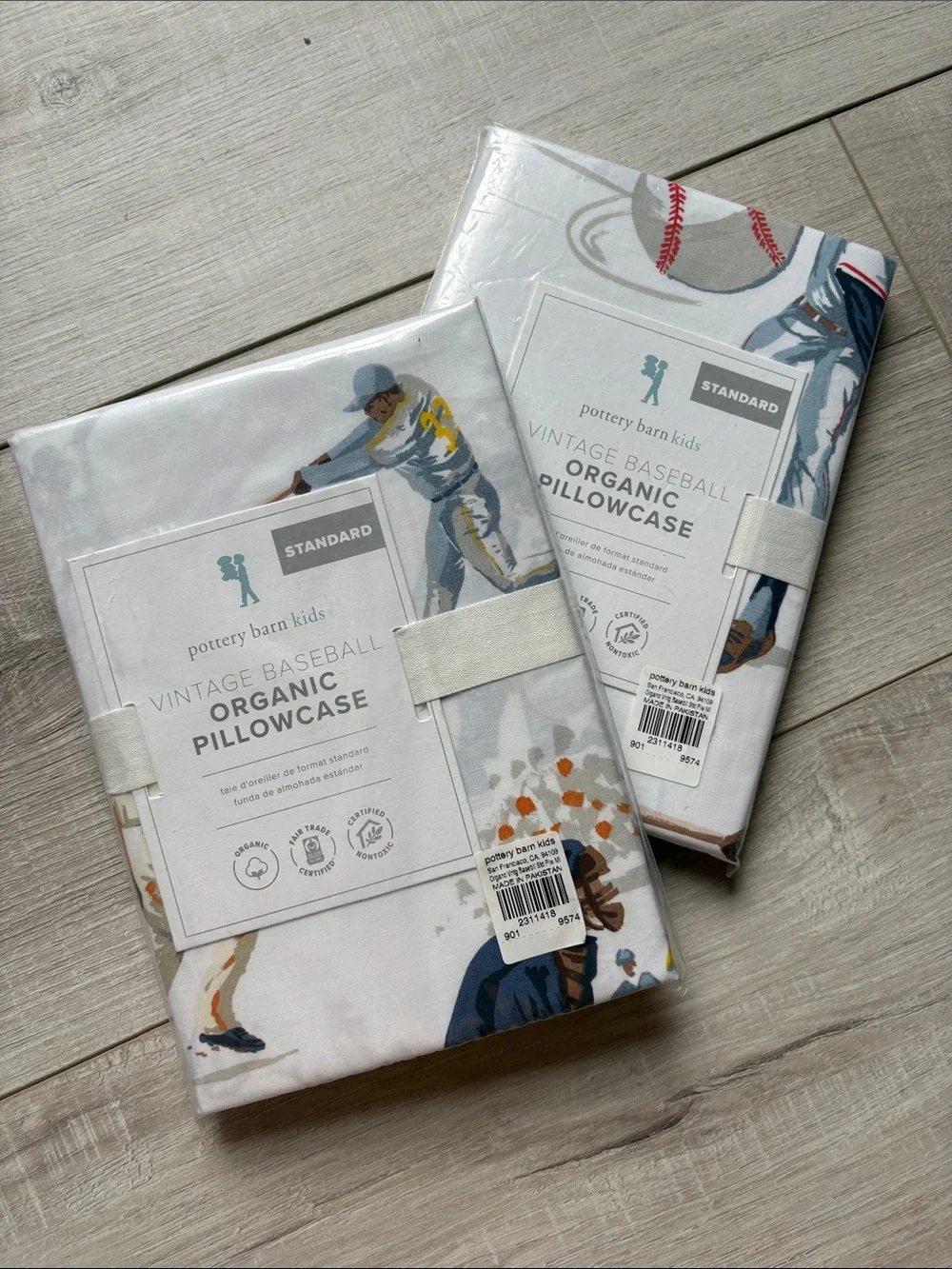 2 Pottery Barn Kids Vintage Baseball Organic Pillowcase - White
